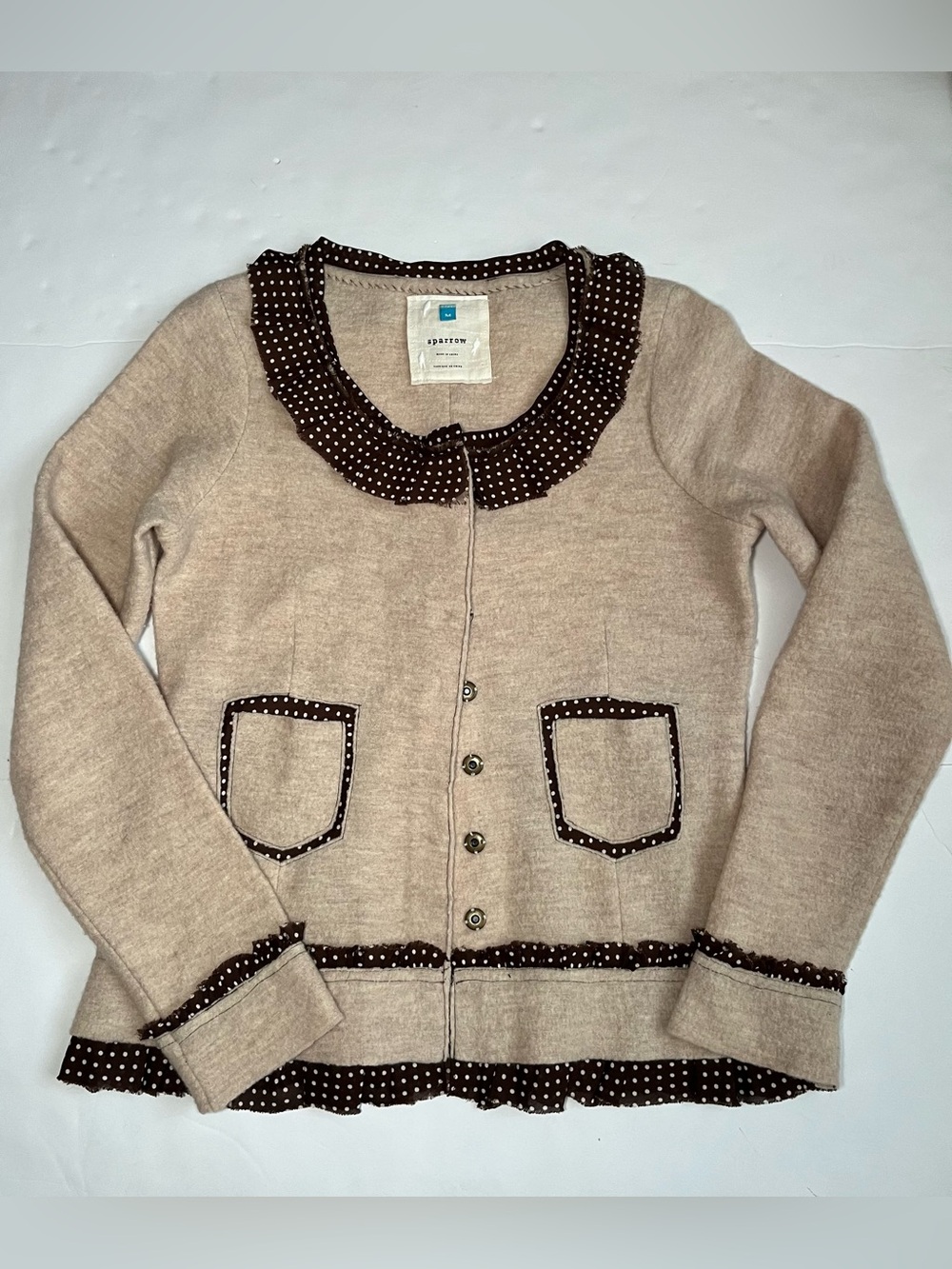 Anthropologie Sparrow Au Fait Merino Wool Ruffle Polka Dot Cardigan Jacket M
